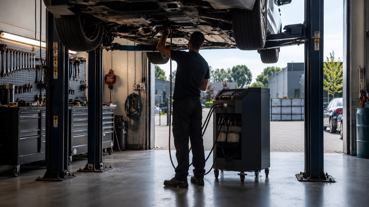 Getriebespülung und Service am Fahrzeug auf der Hebebühne
