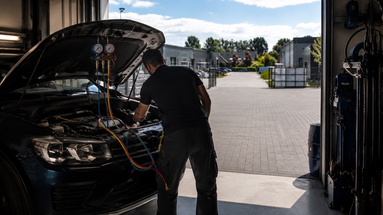 Klimaservice mit Klimagerät in der Werkstatt