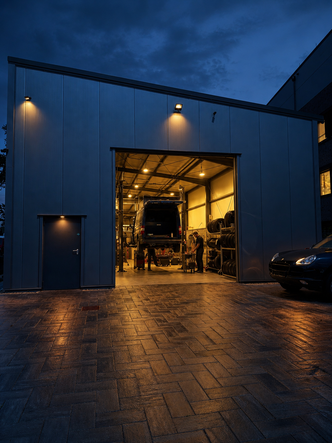 Moderne Werkstatt von R&D Reparatur und Design in Henstedt-Ulzburg am Abend