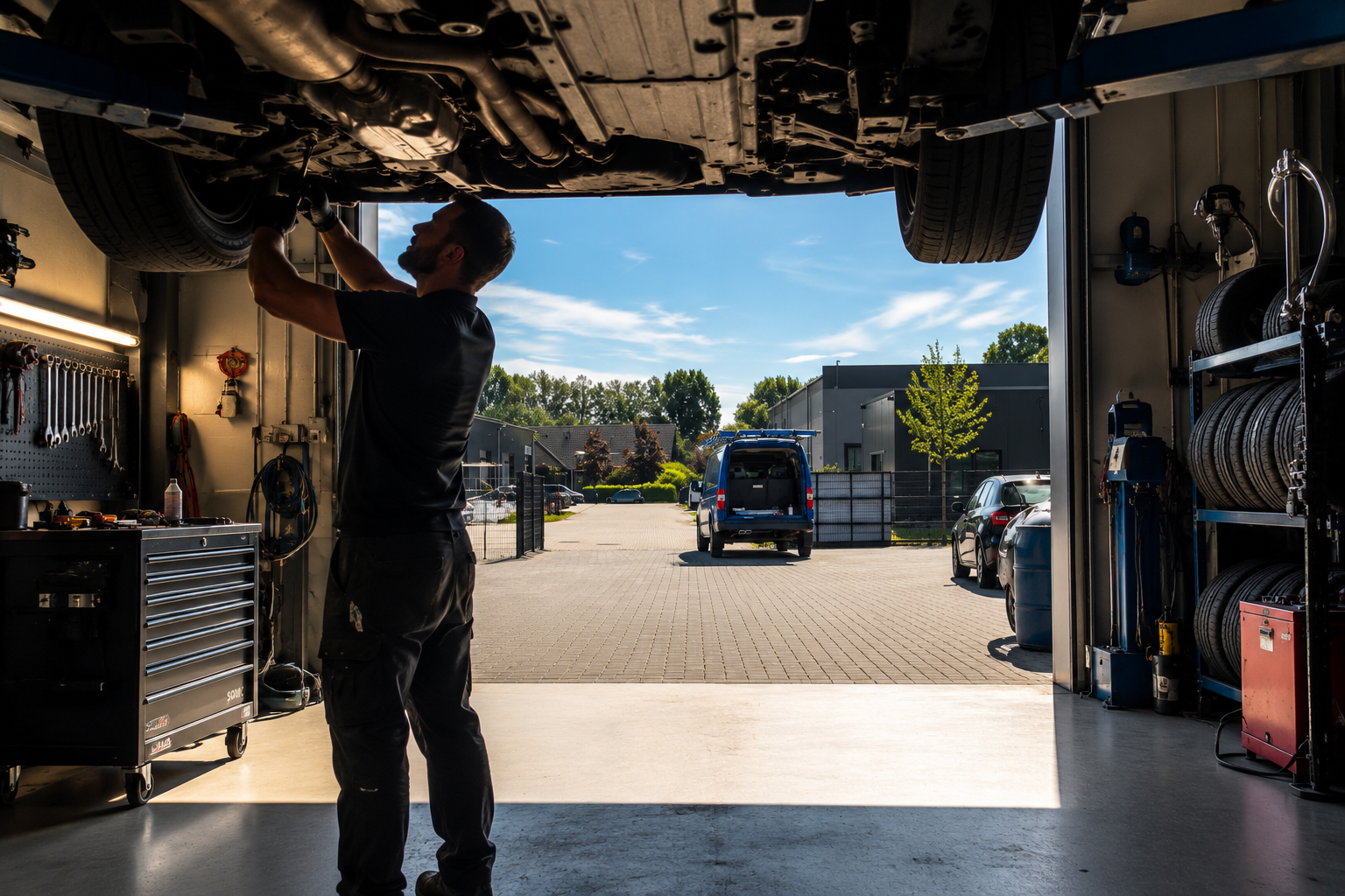 Mechaniker arbeitet in der modernen Werkstatt an einem Fahrzeug